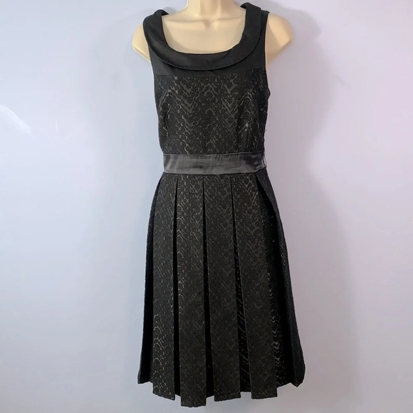 DEMOISELLE size 6 jacquard pleated midi dress black satin waist scoop neck - Picture 1 of 11